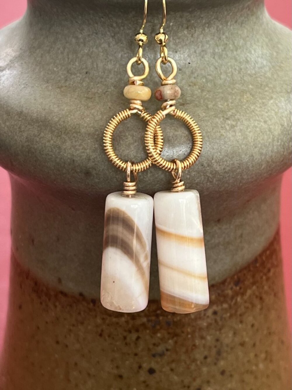 Gemstone Banded Agate Dangle Earrings | Beige Cream Natural Stone | Wire Wrapped